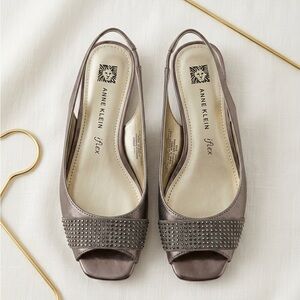 Anne Klein Brown Studded Slingback Peep-Toe Mules